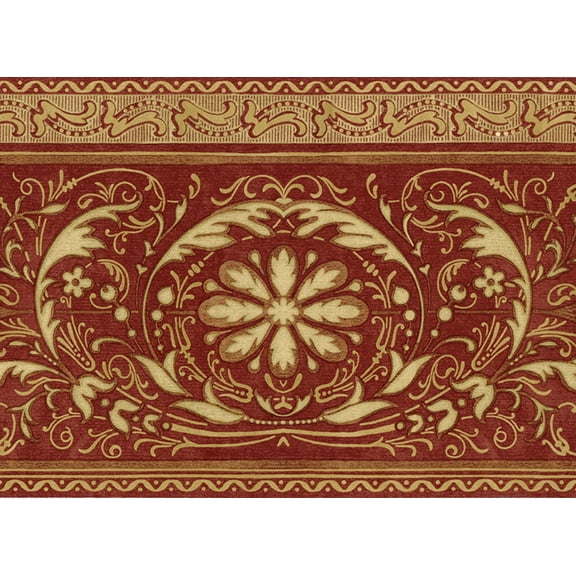 TRIMZ, Classical Damask Medallion Acanthus Scroll, Wallpaper Border, Pre-pasted, 15 ft L x 10.25 in W, Red, Beige, Gold