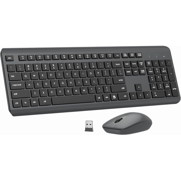 OKYWHOP High‑Quality Wireless Keyboard and Mouse Combo, Full‑Size Silent Ergonomic Keyboard & Optical Mouse, Long Battery Life, 2.4G Lag‑Free Cordless Set for Computer, Mac, Laptop, PC, Windows, Gray
