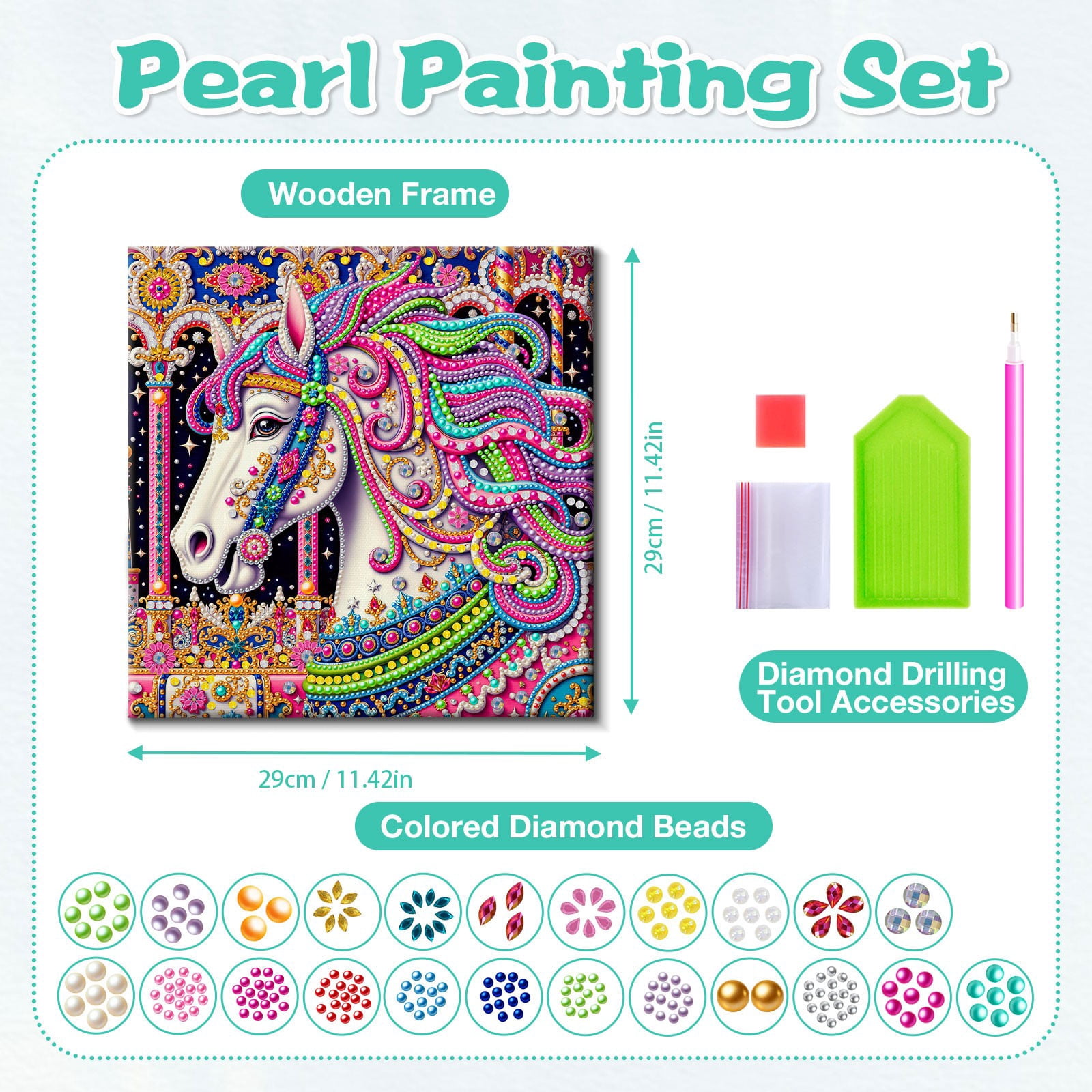 FLOPESN DIY Pearl Painting Kit with Wood Frame, 11.42x11.42 Inch Home Wall Art Decor, Mindful Adult Craft for Stress Relief and Relaxation-Horse-1