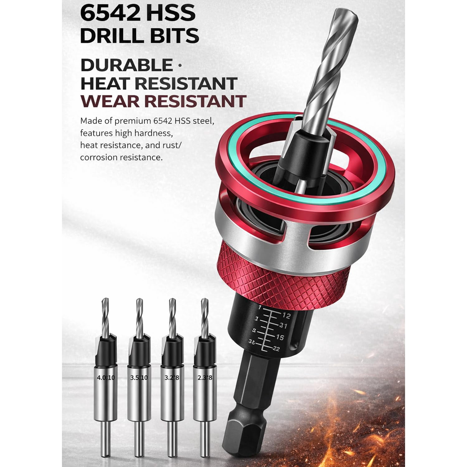 Countersink Drill Bit Set with Depth Stop,4PCS Four-Flute Tapered Drill Bits and Adjustable Depth Stop Collar with Controlled Depth, for Woodworking, Cabinetry