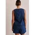 thumbnail image 4 of Women Tie Front Top 2 Piece Outfit Denim Set Sleeveless Deep V Neck Vest Jean Elastic Waist Shorts Sets Dark Blue L, 4 of 8