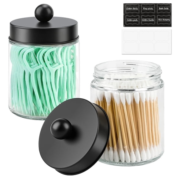 2 Pack Glass Apothecary Jars with Lids for Bathroom, Cute Qtip Holder, Black Bathroom Accessories Set, Small Bathroom Canisters with Lids for Q-Tips, Cotton Swabs, Black Bathhouses Decor