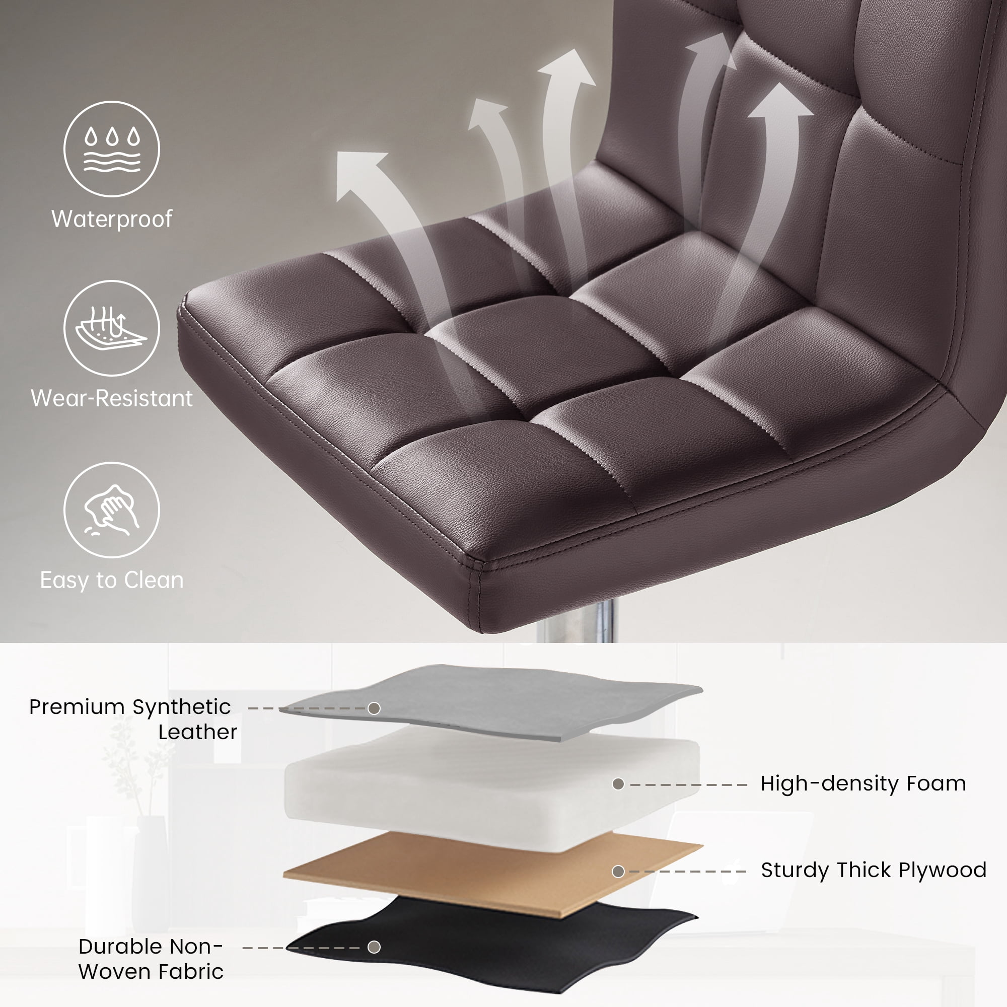 SAETSFEG Bar Stools Set of 2, Thickened Seat Cushion Adjustable Swivel Bar Stool with Backrest, Counter Height PU Leather Bar Chairs for Kitchen Island, Dining Room, Darkbrown