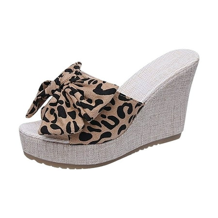 

TUOBARR Wedge Sandals for Women Fashion Women Casual Leopard Print Round Head Bow Tie Comfy Sandals Wedge Heel Beach Casual Shoes Beige