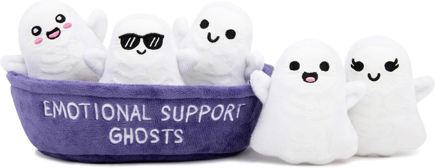Emotional Support Ghosts by , Cuddly Plush Collectibles and Cute Stuffed Animals, Spooky Halloween Ghost Plushies and Fun Trick or Treat Toys, Includes 5 Plushies with Carrying Basket