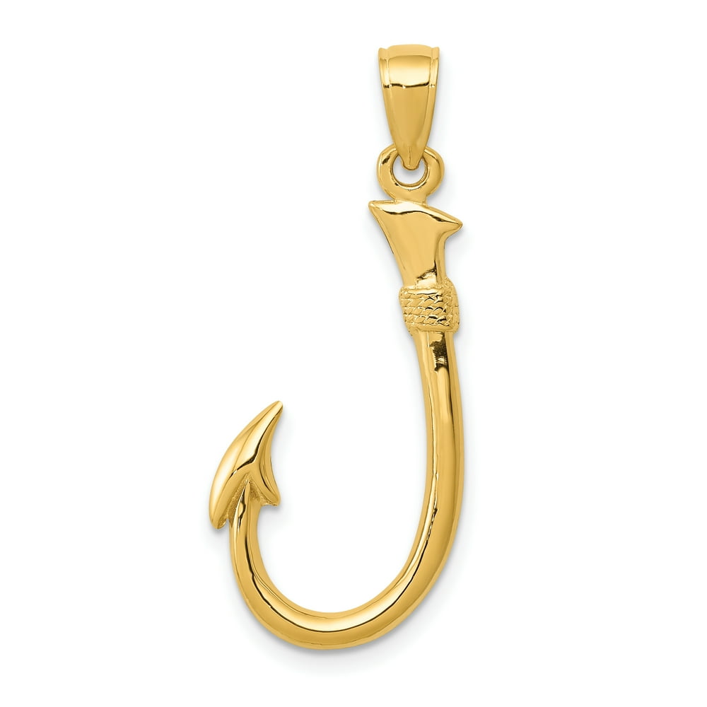 14K Yellow Gold 3D Fishing Hook Pendant 33mm x 12mm
