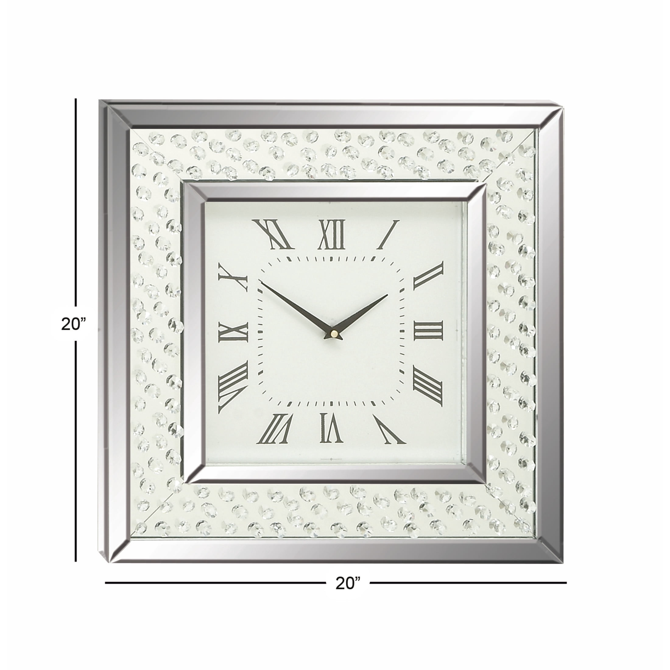 DecMode 2" Silver Wooden Mirrored Wall Clock with Floating Crystals