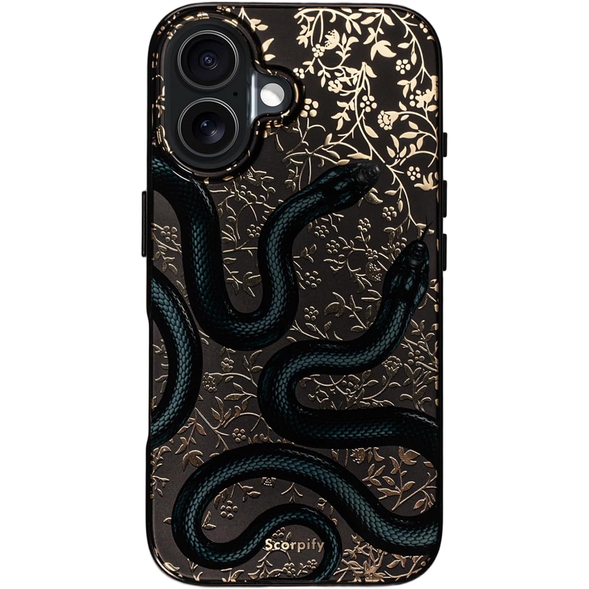 Case for iPhone 16 Plus Case [Compatible with MagSafe] with Matte Black Double Snake Design, Cute Phone Cover for Women Girls and Men, Slim Shockproof Bumper with Gold Accents