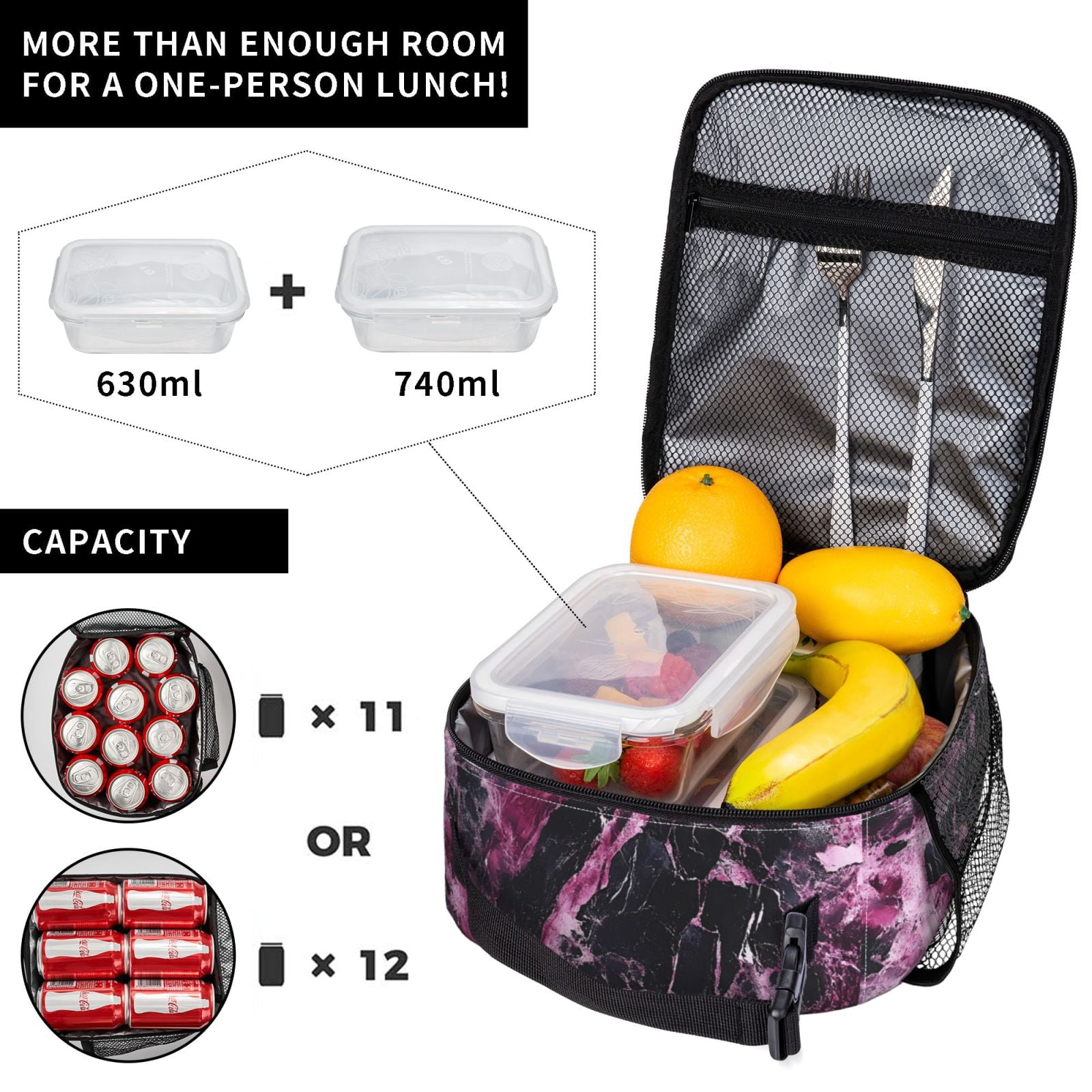 Lunch Bag For Women Men Insulated Portable Lunch Box Bento Box Office Picnic Travel Cooler Bag Darkmagenta Marble_2