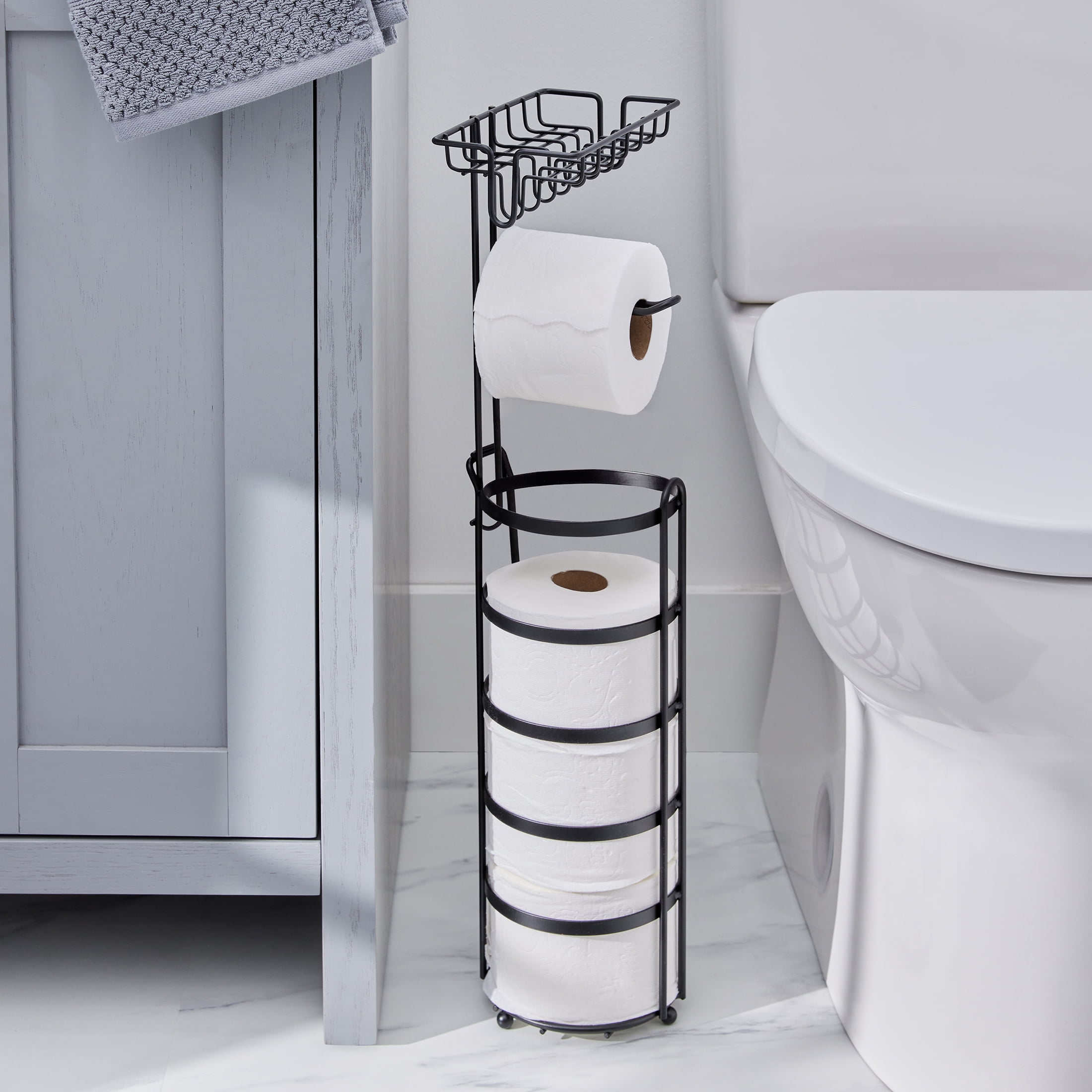 Better Homes & Gardens Free Standing Toilet Paper Holder with Reserve, Matte Black, Fully Assembled