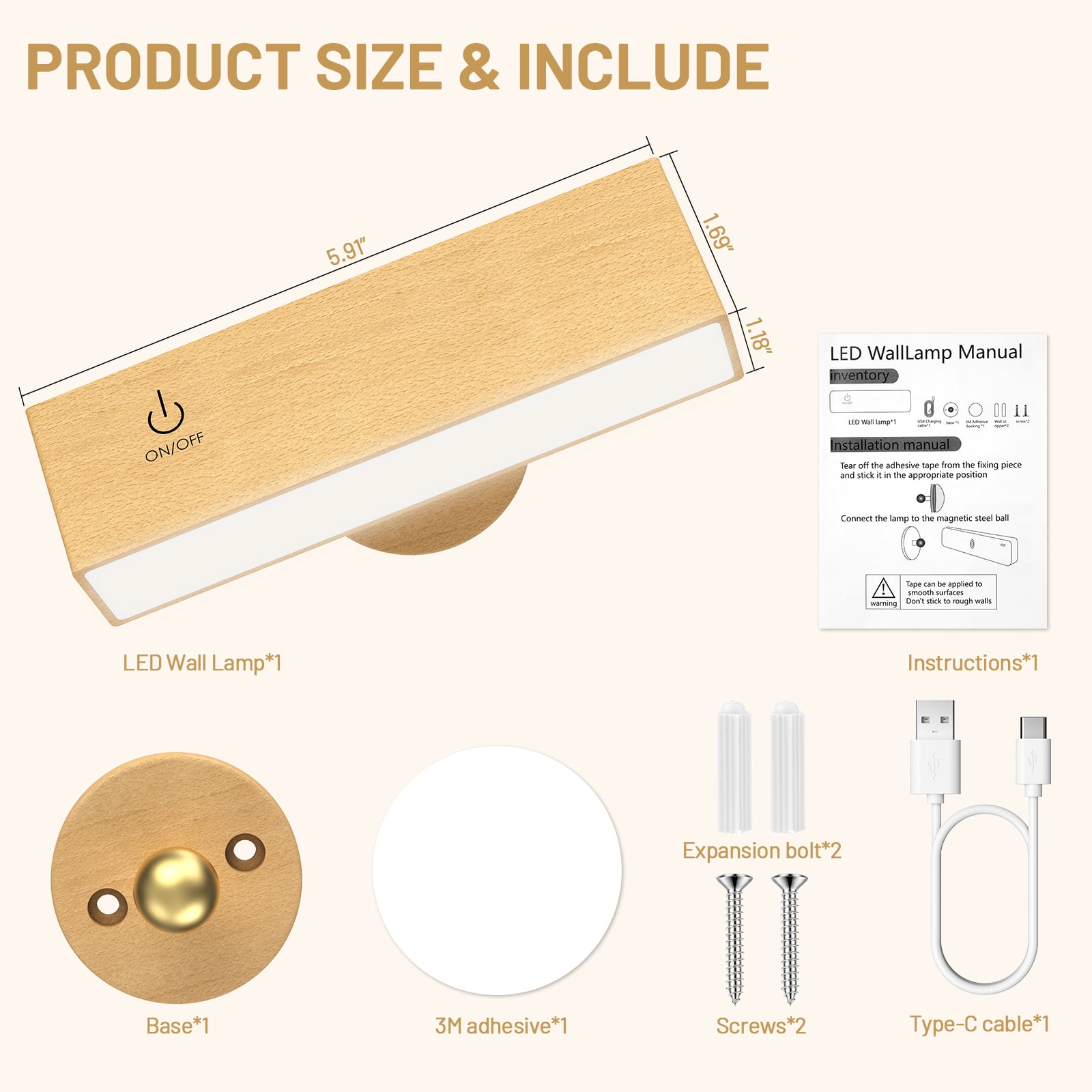 Battery Operated Wall Sconce,Wireless Rechargeable Wall Sconce,Wall Mounted Reading Light,Dimmable Magnetic Wall Mounted Lamp,LED Wall Lights Rotatable for Bedroom,Living Room(1 Pack)