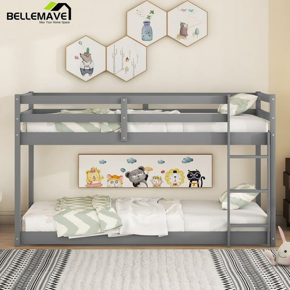 Bellemave Low Bunk Bed Twin over Twin Floor Bunk Bed with Guardrails and Ladder Doubled as Twin Loft Solid Wood Twin Bunk Bed Frame for Teens (Gray)