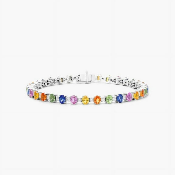 Rainbow Sapphire & CZ Diamond Tennis Bracelet - Oval Cuts - Natural Multi Color Gemstone, Solid 14K Gold plated Colorful Bracelet Gemstones
