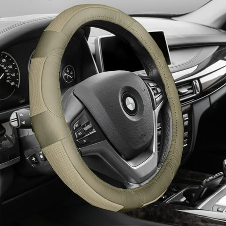 Premium Full Grain Leather - FH GROUP Premium Genuine Full Grain Leather Steering Wheel Cover, Solid Beige