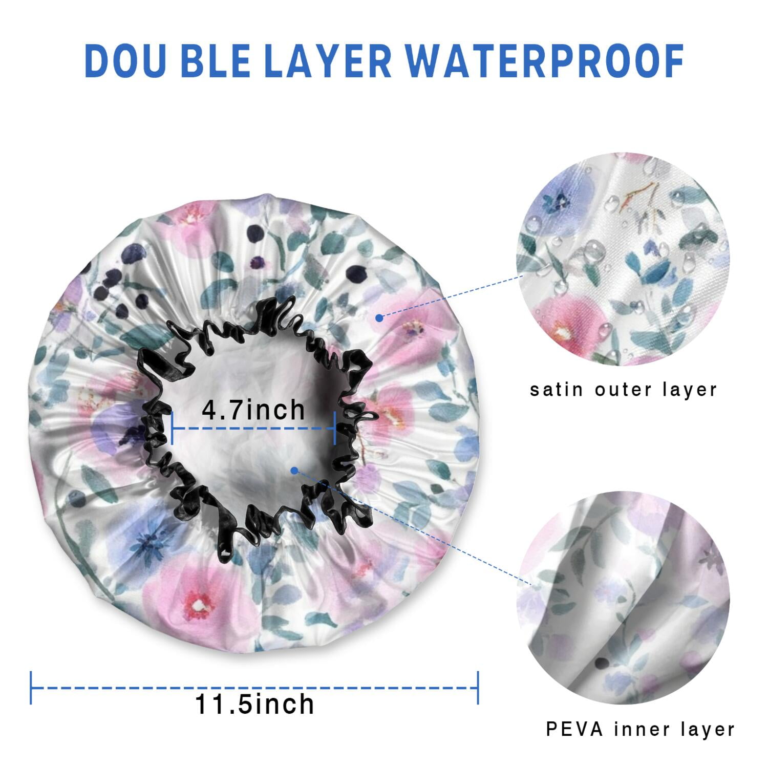 Shower Caps,Pioneer Flower Floral Print Pattern Waterproof Shower Cap for Women 4 Pieces,Double Reusable Hair Cover for Shower PEVA Elastic Stretch Hem