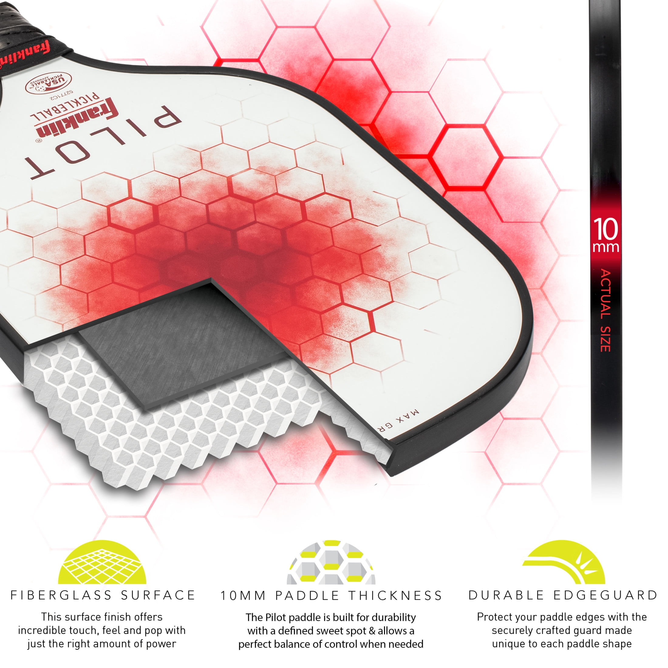 Franklin Sports Pickleball Paddle - Pilot Polypropylene Core Pickleball Racket - Official USA Pickleball (USAPA) Approved Pickleball Paddle - Lightweight Pro Racket - Red - 10mm Thick Core