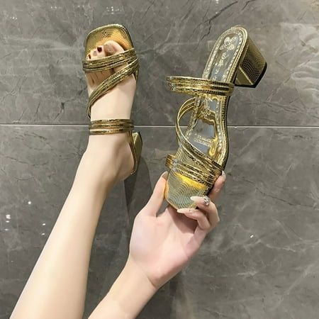 

Sandals for Women Aoujea Holiday Savings New Summer Fashion Outwear Sandals With Thick Heels And Square Head Slippers Gold 6 on Clerance