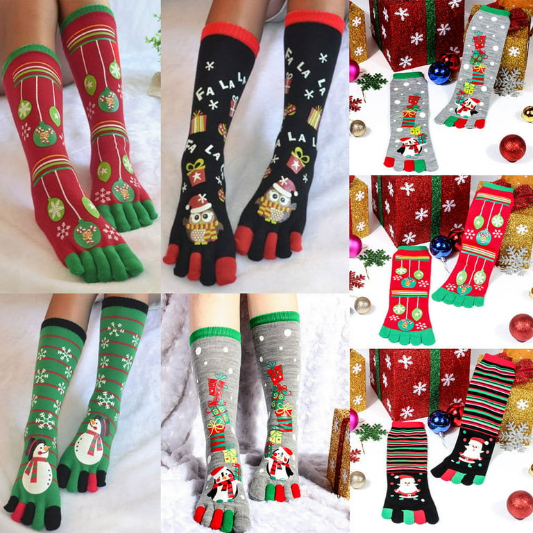 Christmas Toe Socks for Women Novelty Knee Highs Cotton 5 Toes Socks Girls  Funny Socks with Toes Separated 
