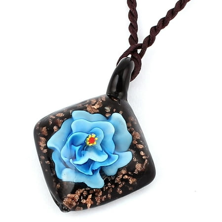 Unique Bargains Glass Pressed Flower Square Shape Pendant Necklace Neckwear Sky Blue Black