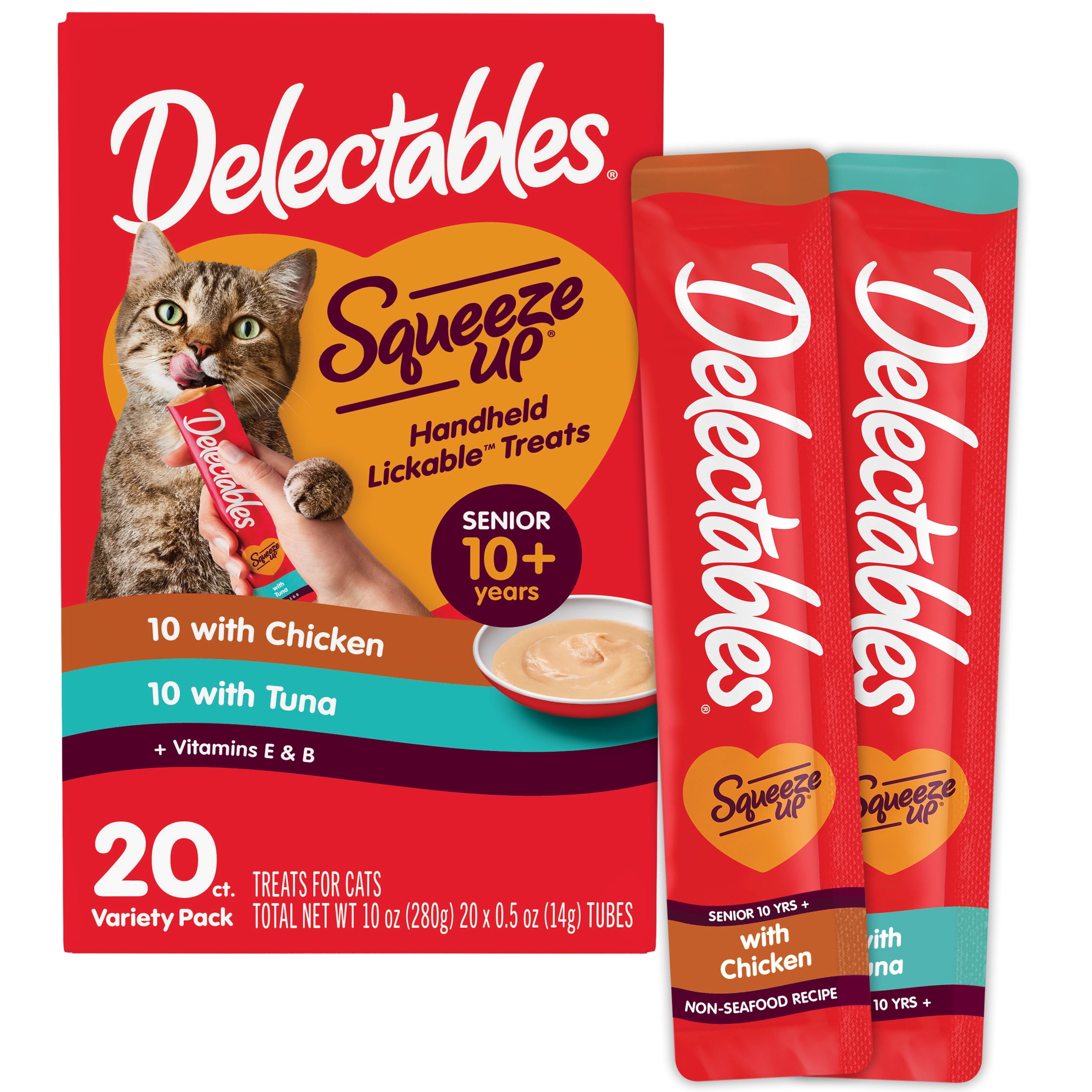 (4 pack) Delectables Squeeze Up Senior 10+ Chicken and Tuna Variety Pack Lickable Cat Treats, 0.5-oz tube, 20 Count