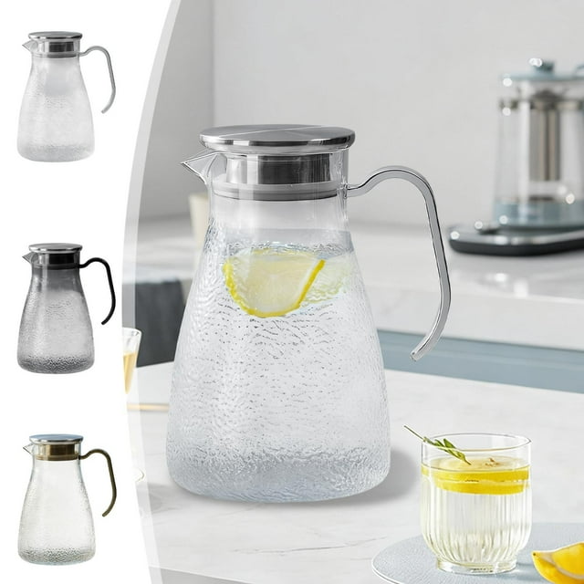Jarra de Agua Fría de Plástico con Tapa de Acero Martillado | Botella de Agua Transparente para Zumos, Tetera con Forma de Flor | Capacidad de 1500 Ml | 21 X 8,5 Cm | Transparente