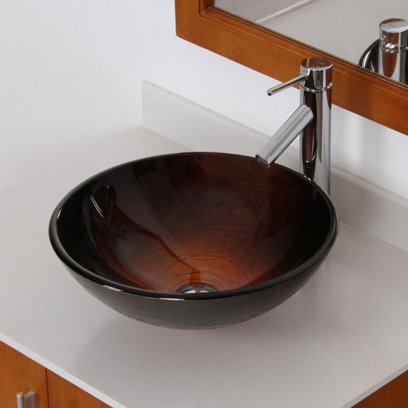 Elite Handcrafted Ombre Brown to Black with Jumbled Linear Pattern Tempered Glass Bathroom Vessel Sink with Chrome Pop-up Drain and Mounting Ring - 1312 P01008C