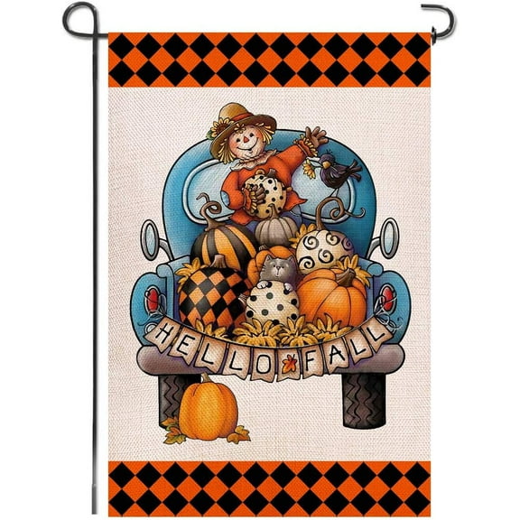 Hello Fall Burlap Garden Flag, Double Sided Premium Material, Scarecrow Pumpkins Blue Truck Seasonal Home Decor Outdoor Decorative Flags for Yard Lawn Patio Porch Farmhouse, 12.5 x 18.5 inch