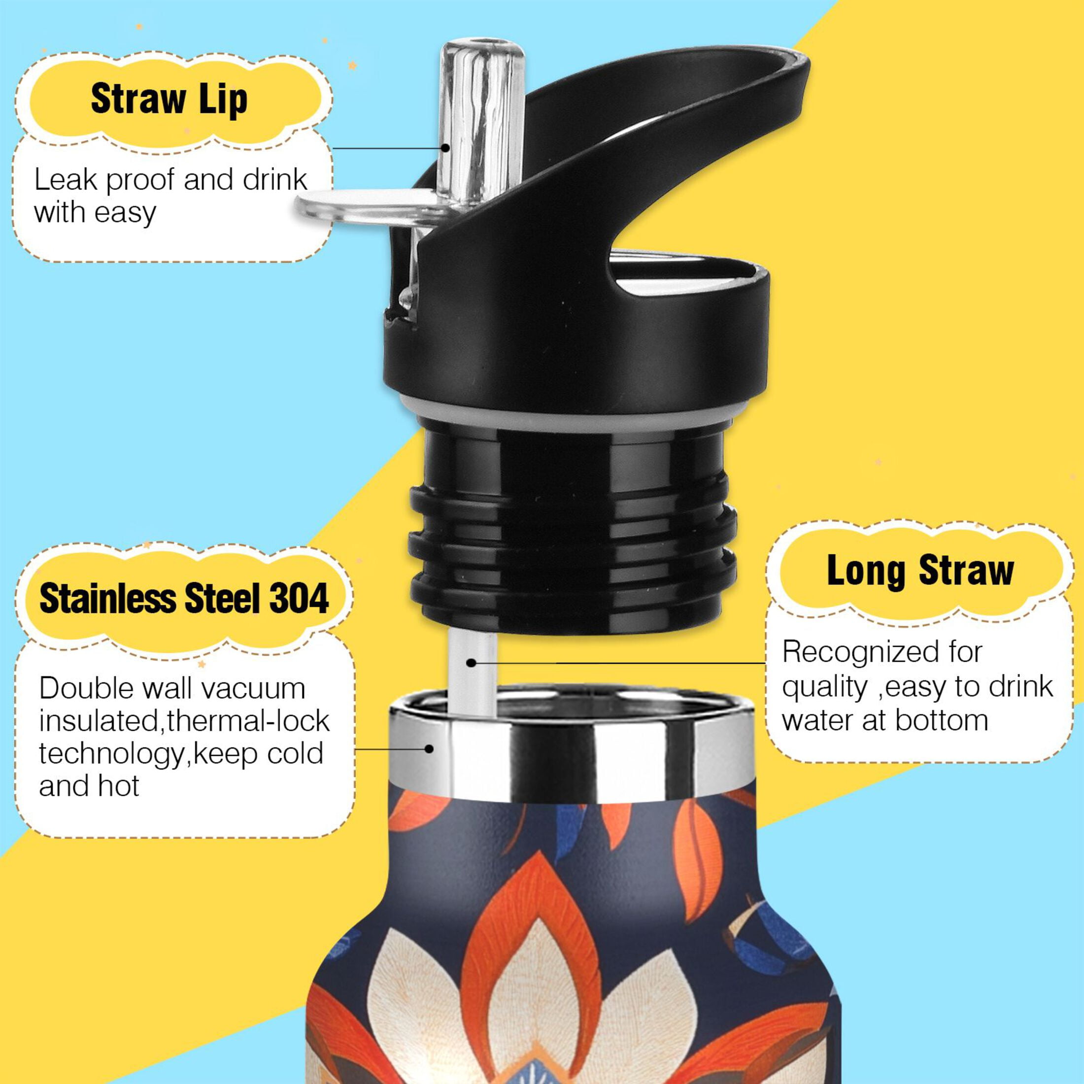600ML Stainless Steel Insulated Cup Sports Water Bottle Portable Thermos Cup Water Glasses Insulated Tumblers Convenient and Durable Beautiful Orange Flowers