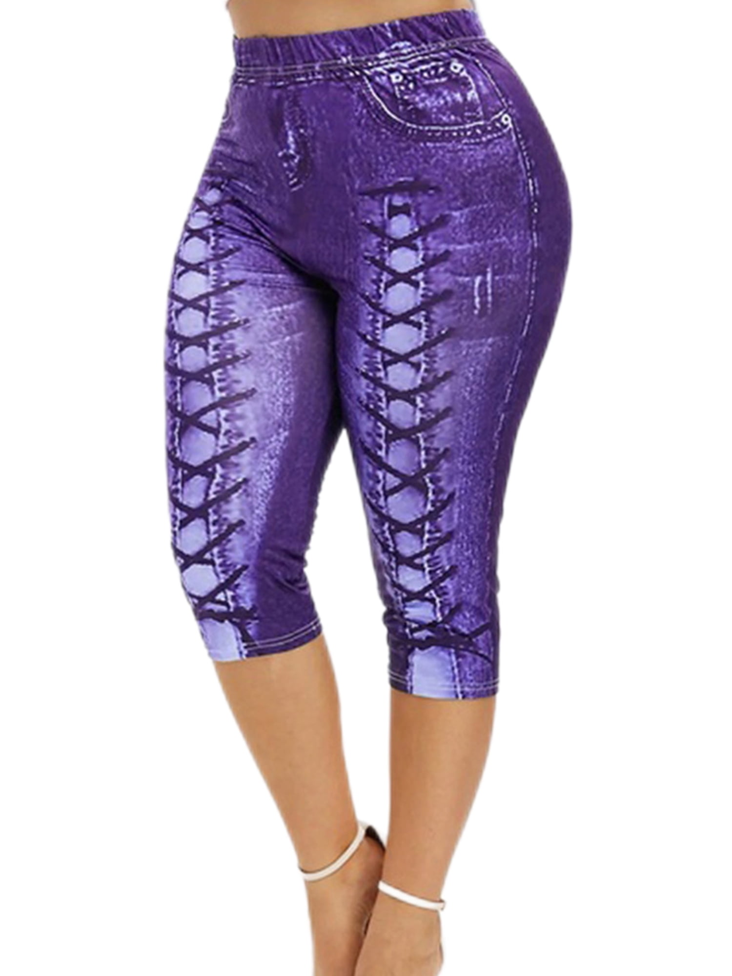 Capreze Women Printed Denim Capri Jeggings Plus Size Leggings Stretch