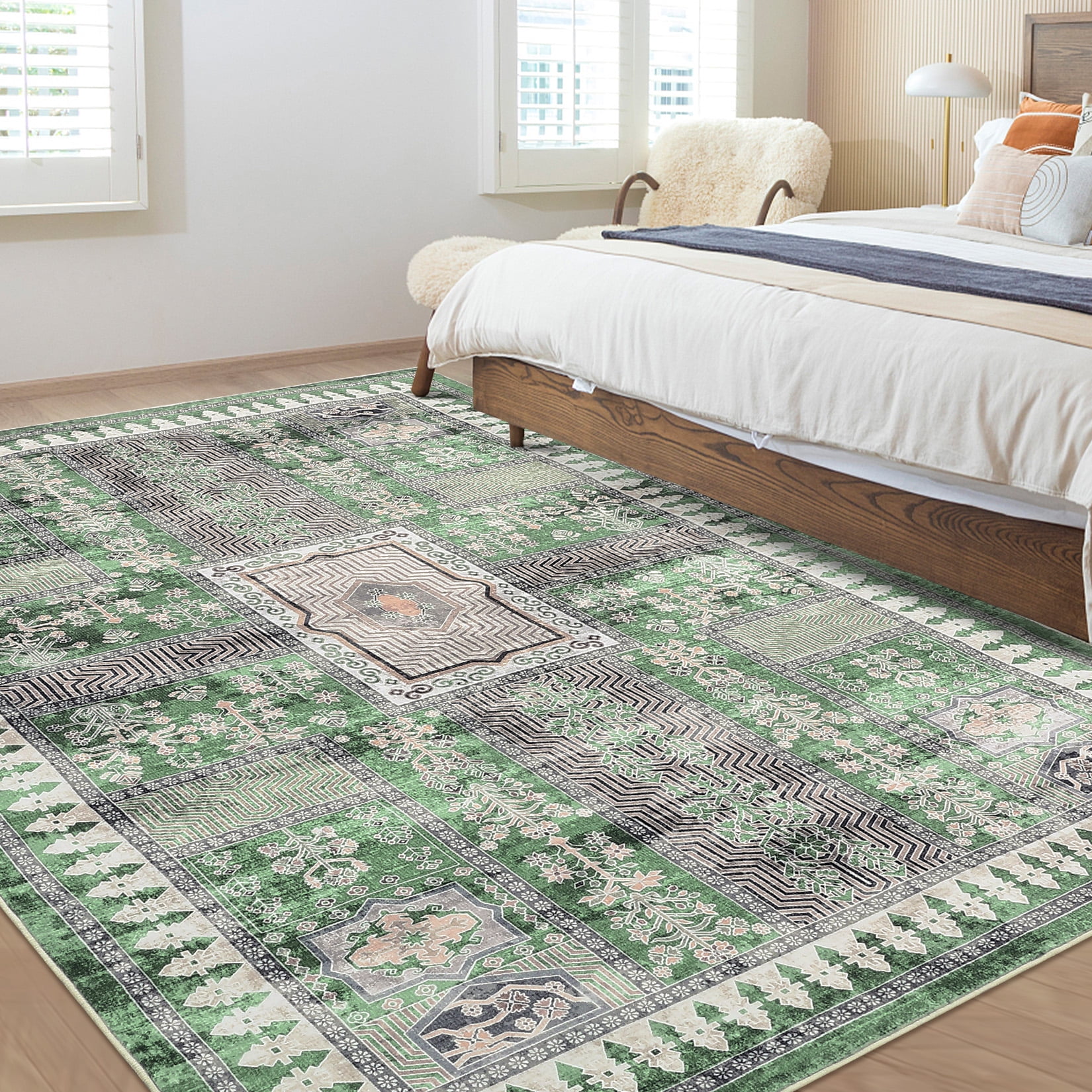 HOMERRY 8' x 10' Washable Bedroom Carpet Floral Geometric Area Rug for Dining Room, Green