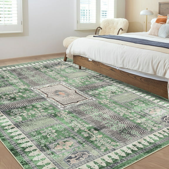 FairOnly 10'x13' Green Oriental Washable Area Rugs for Living Room Vintage Distressed Non Shedding Bathroom Rugs Family Room Area Rug Indoor Floor Carpet