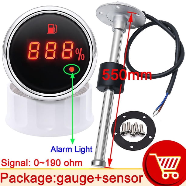 Motorcycle Car Boat Fuel Level Sensor For 0~190 Ohm 52mm Digital Fuel Level Gauge With Warning Light + 200mm Fuel Sending Unit