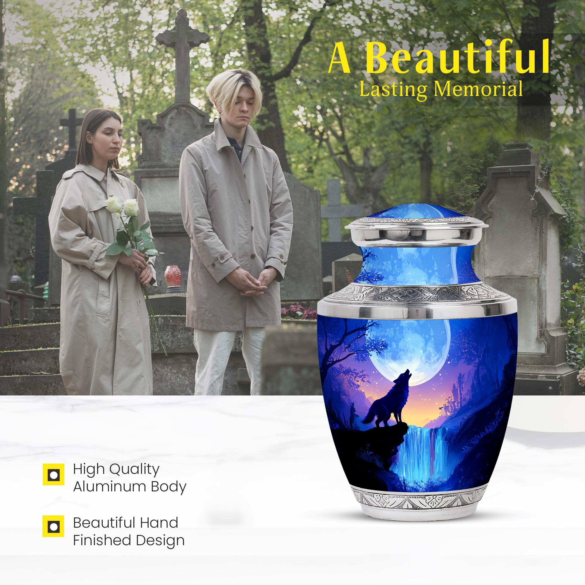 MUKTIVE Waterfall Urns for Human Ashes for Friends, Large Moon Urns for Adult Ashes for Women, Unique Wolf Keepsake Urns for Burial, Memorial Blue Urn for Mom & Dad (1 Large, 4 Keepsake)