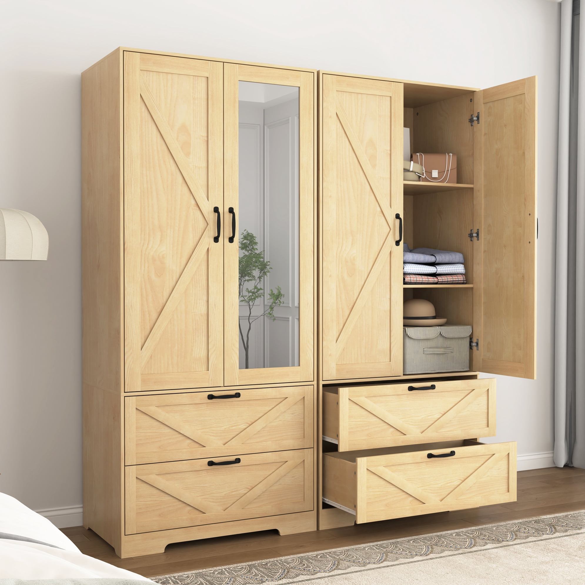 Noble House 2 Doors Wardrobe Closet with Mirror, Drawers and Hanging Rod, Natural