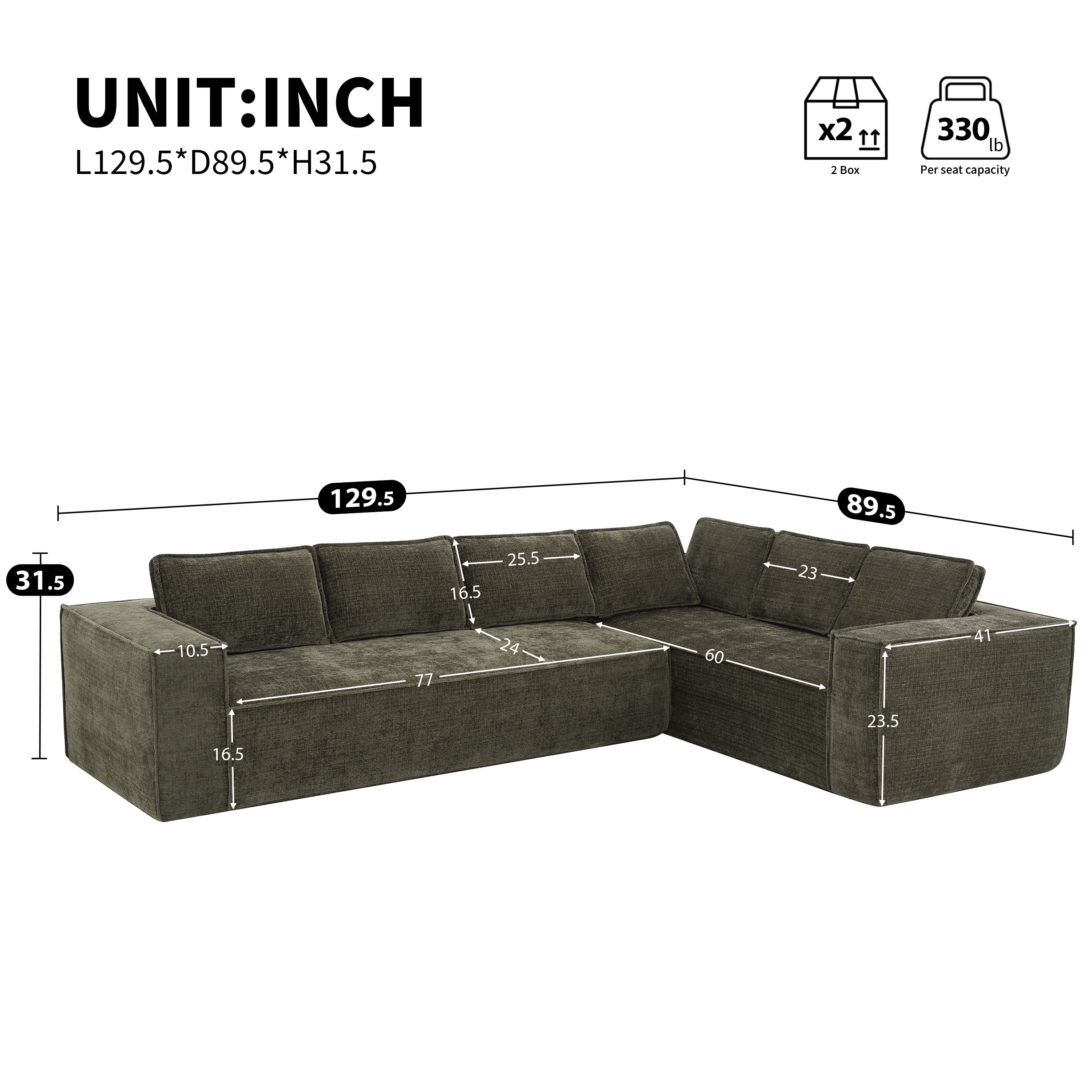 Sectional Sofa, Modular Couch, L-Shaped Fully Compressed No Frame, Ultra-Thick Wrinkle-Resistant Chenille Fabric with Pocket Spring Seat for Living Room, 129.5 Inch, Green