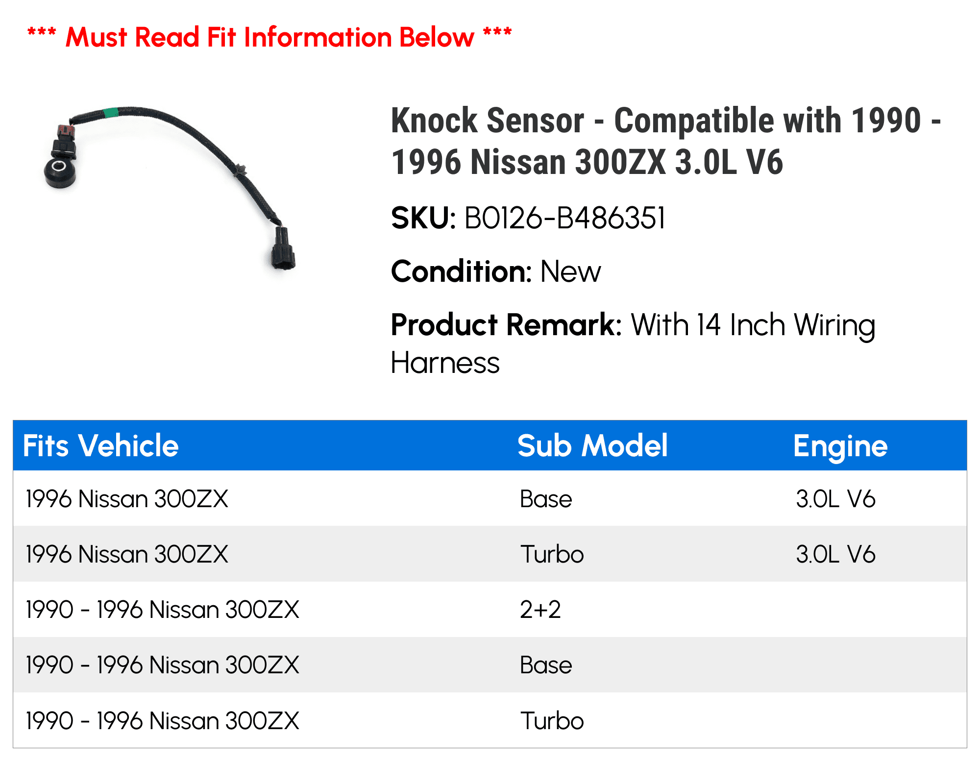 Knock Sensor - Compatible with 1990 - 1996 Nissan 300ZX 3.0L V6 1991 1992 1993 1994 1995