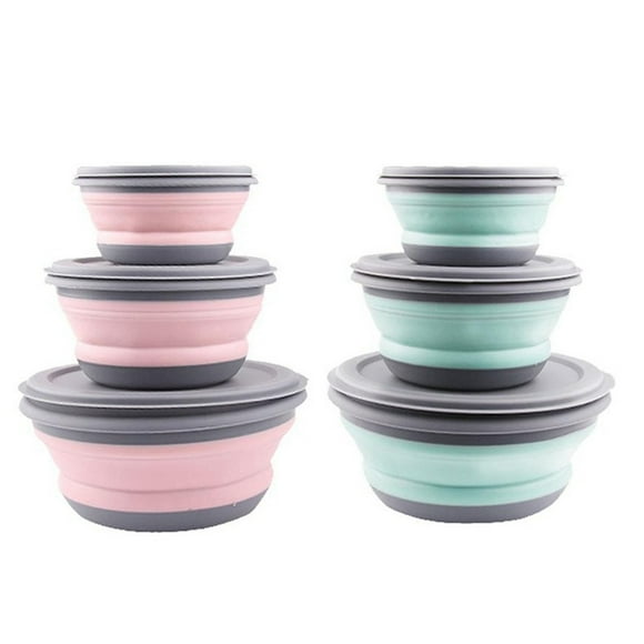 6Pcs Bowl Sets Lunch Box Folding Bowl Portable Silicone Bowl Foldable Salad Bowl with Lid, 3Pcs Pink & 3Pcs Blue,2 * small lunch box 2 * medium lunch box 2 * large lunch box,Pink & Blue