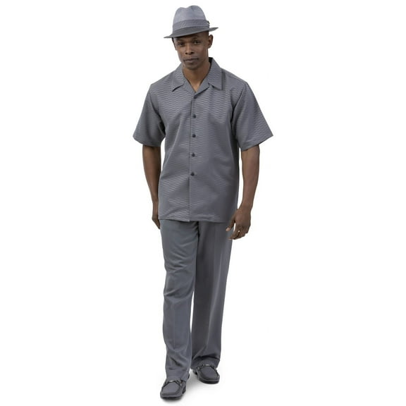 Men's 2 Piece Short Sleeve Walking Suit Tone on Tone Waterfall in Grey - 2054