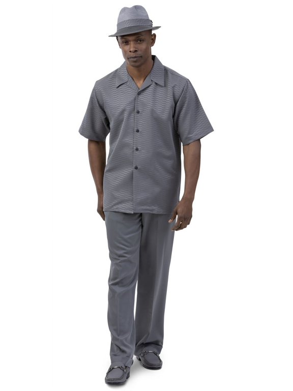 Men's 2 Piece Short Sleeve Walking Suit Tone on Tone Waterfall in Grey - 2054
