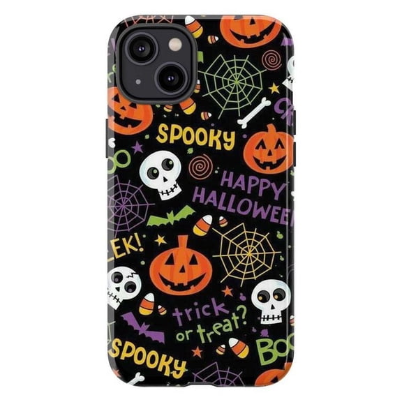 Spooky & Sweet Halloween iPhone Case, Fun Pumpkin Faces, Candy, Spider Webs & Skulls, Trick or Treat Themed Durable Phone Cover for iPhone 16 15 14 13 12 11 Mini Pro Max