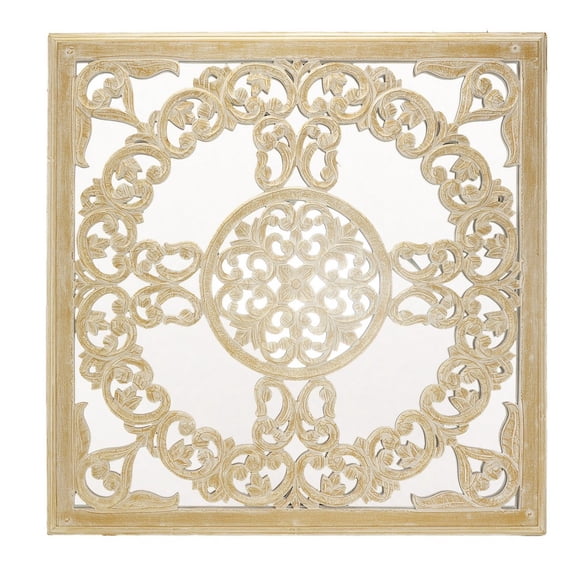 LR Home Mosaic 35.5 in. Square Wood Frame Wall Mirror, Beige