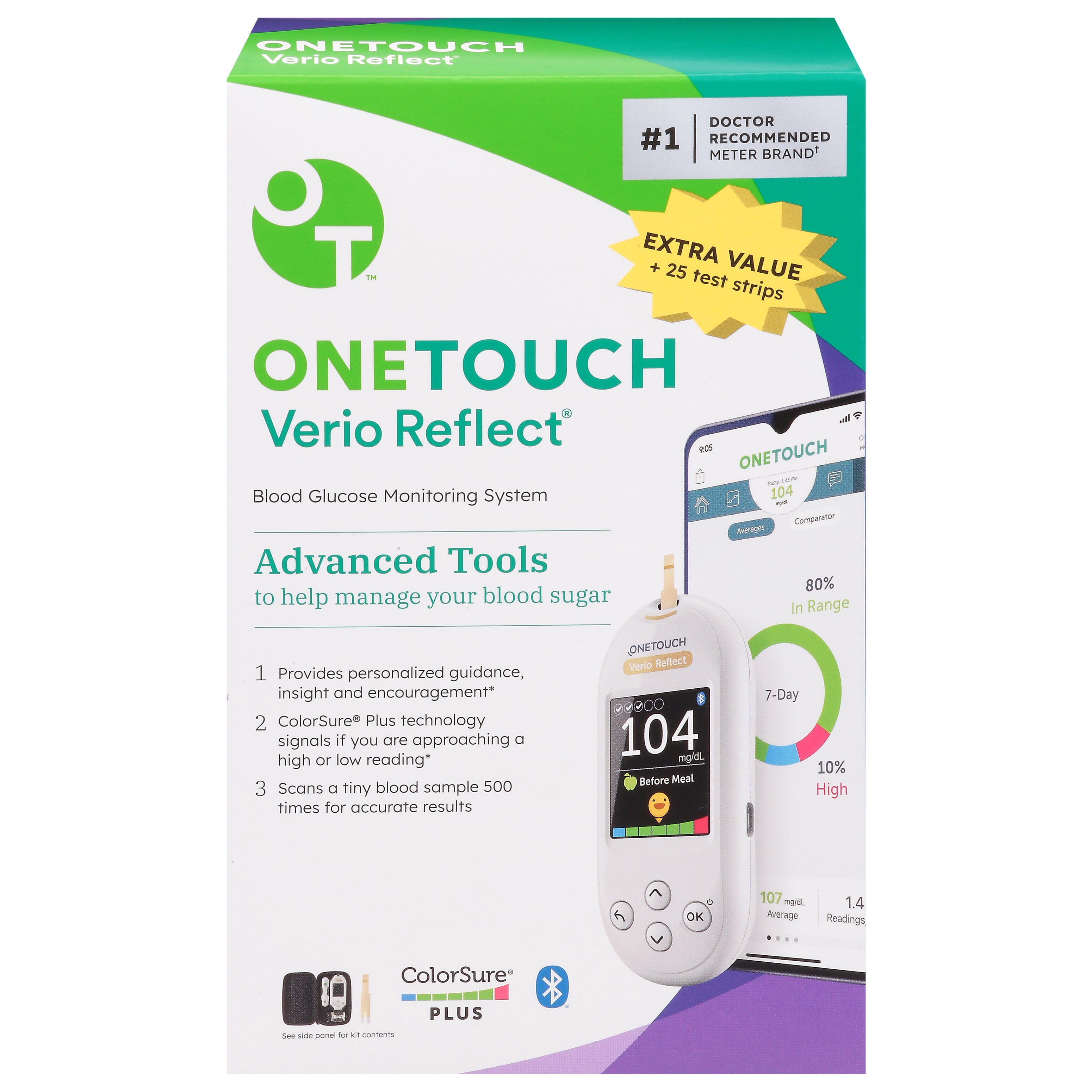 OneTouch Verio Reflect Blood Glucose Meter | Monitor For Sugar Test Kit  Includes Monitor, Lancing Device, 10 Sterile Lancets, and Carrying Case