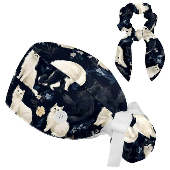 RATGDN Black and White Cats Working Scrub Cap for Women Men - Adjustable Bouffant Tie Back Hat with Hair Bow - Perfect for Work, Leisure, Nurses and Medical Professionals - One Size Fits All