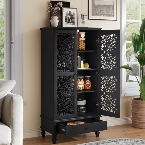 55'' Tall Rustic Storage Cabinet with Drawer, Accent Cabinet with Carved Wood Door, Pantry Cabinet with Solid Wood Legs for Living Room, Hallway, Dining Room, Black