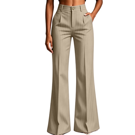 Women's Striped High Waist Pleated Flare Pants Dress Pants Slim Bootcut Suit Trousers Business Casual office Work Pants with Pockets Beige