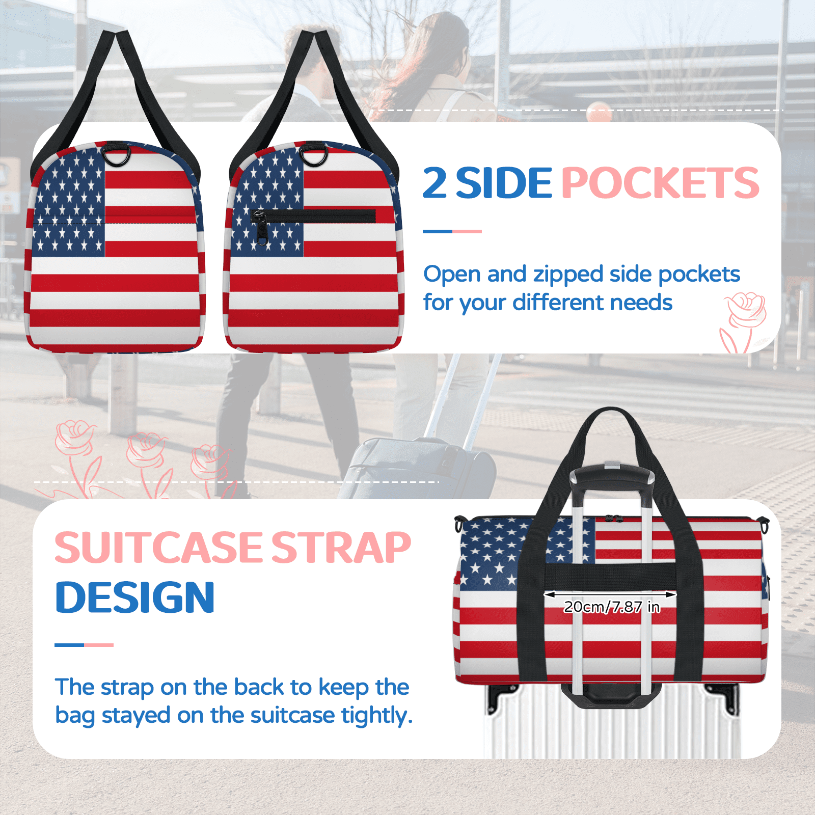 Herdesigns American Flag Travel Duffle Bag Sports Yoga Weekender Overnight Carry on Workout Bags Lightweight Waterproof Gym Tote Bag for Women