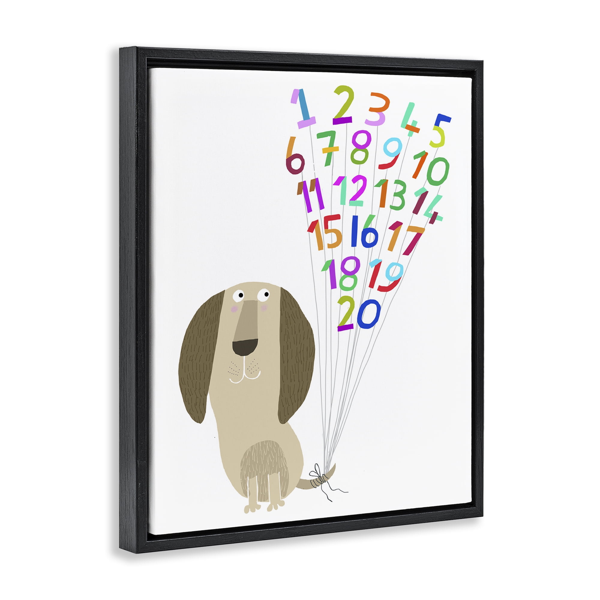 Stupell Industries Dog & Number Balloons Animals & Insects Painting Black Floater Framed Art Print Wall Art, 17 x 21