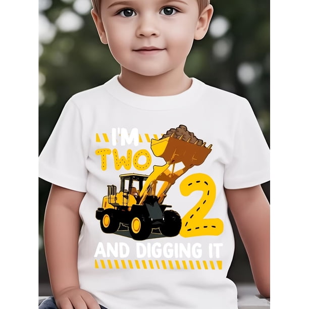 Summer Fun! Youngsters' Excavator Graphic T-Shirt - "I'm Two and Digging It" Design, Short Sleeve Crew Neck, Bright Yellow with Orange Accents, Perfect for Boys 1-8 Years Old