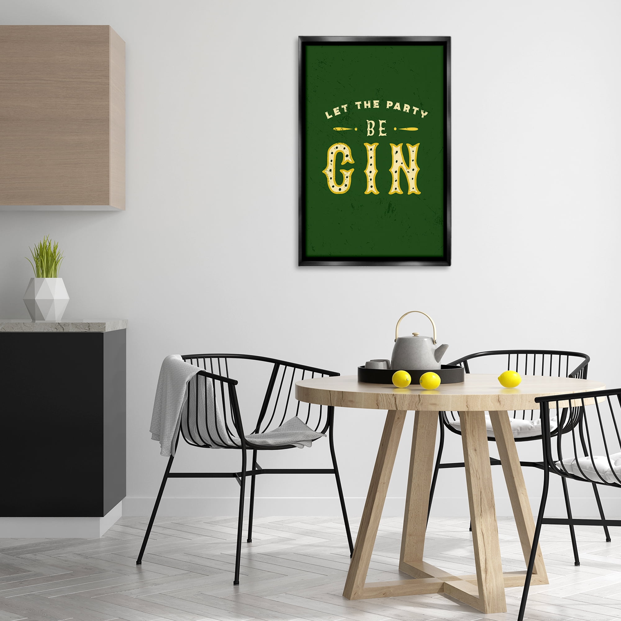 Stupell Industries Let Party Be Gin Pun Food & Beverage Painting Black Floater Framed Canvas Art Print Wall Art, 21 x 31