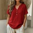 thumbnail image 2 of Spring And Summer Plus Size Shirts for Womens Cotton And Linen Fashion Imitation V-neck Short-sleeved Button-pocket Solid Color Top, 2 of 8
